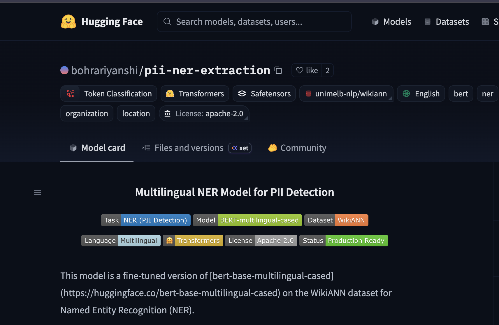 PII NER on HuggingFace